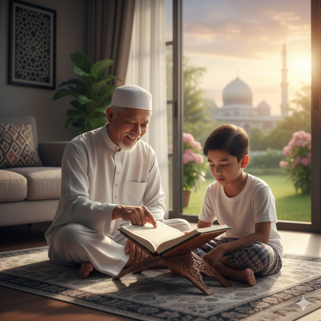 seorang datuk mengajar cucu mengaji Al-Quran